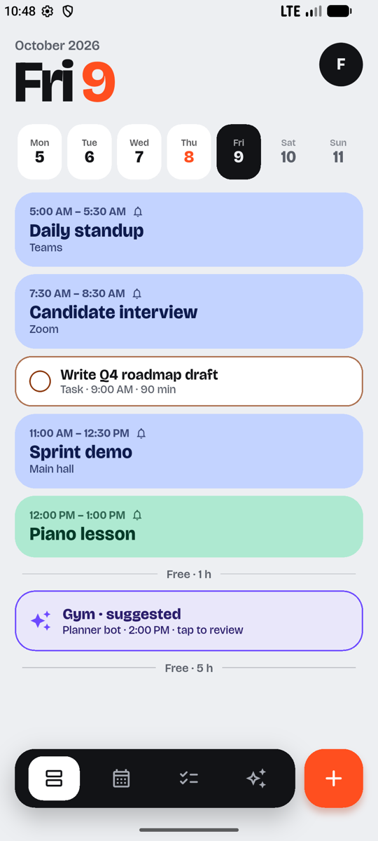 Quando on Android: Friday's agenda with events, a scheduled task and a suggested gym session.