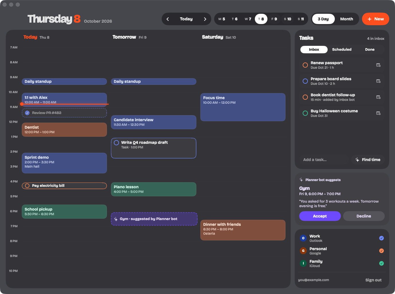 Quando on a Mac: three days side by side with events, scheduled tasks and an agent's suggestion, and a task inbox on the right.